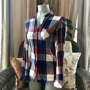White, Red, Blue, Purple Large Plaid Long Sleeve Shirt from Simons in XS.